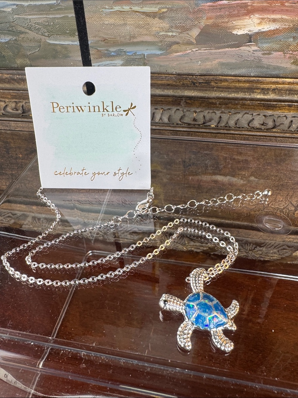 0827-Periwinkle Silver Turtle Pendant 16" L, 2" Ext-Necklace w- Blue Opal Inlay